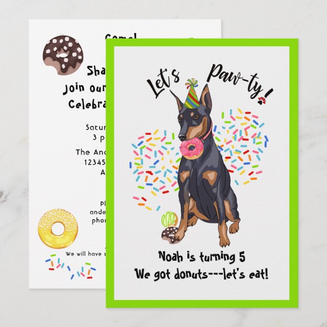 Amusant Doberman Donut Invitation de fête d'annive (Devant / Derrière)