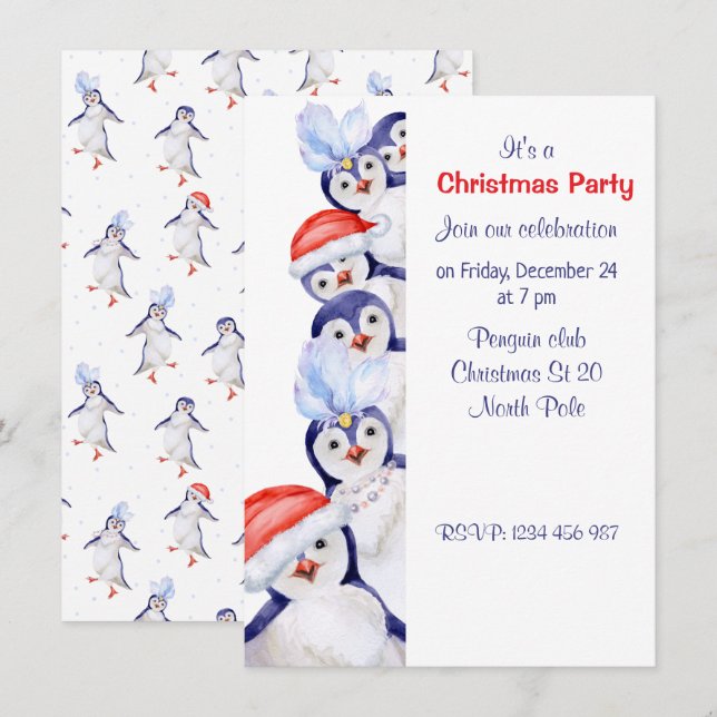 Amusant Noël Penguins Aquarelle Invitation (Devant / Derrière)