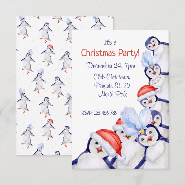 Amusant Noël Penguins Aquarelle Invitation (Devant / Derrière)