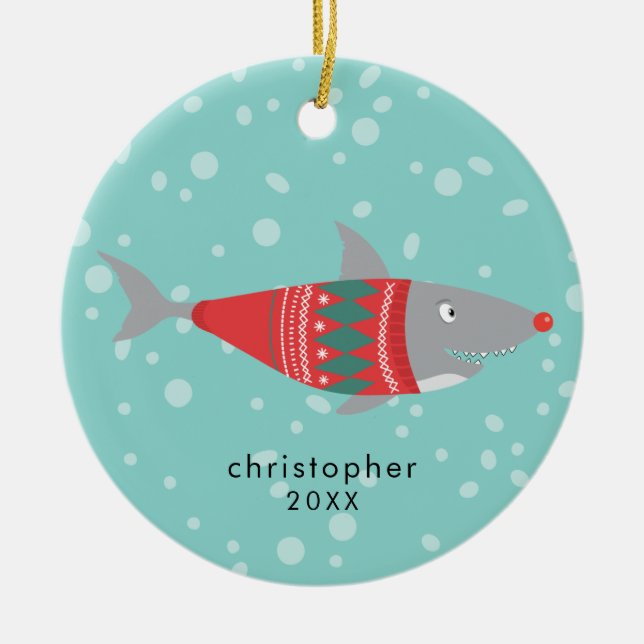 Amusant ornement en céramique de requin de Noël (Devant)