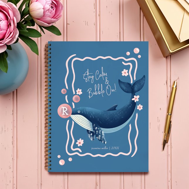 Amusant Retro Wavy Blue Whale rose bulles de gomme (Fun Retro Wavy Blue Whale Pink Gum Bubbles Planner)