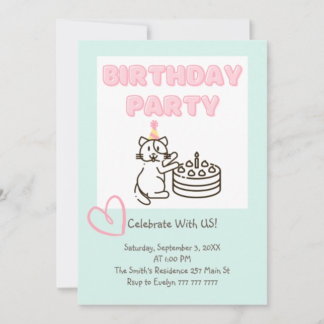 Amusante et mignonne Cat&Cake Invitation d'anniver (Devant)