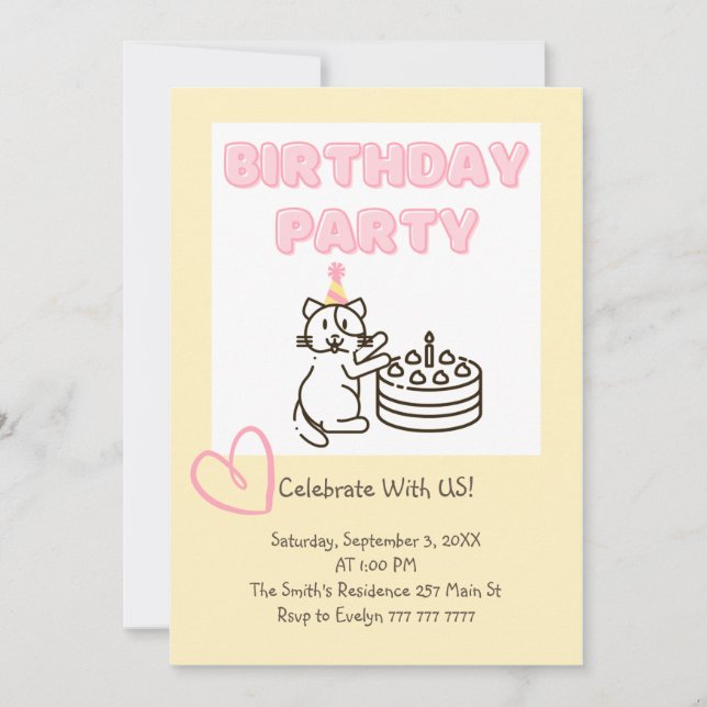 Amusante et mignonne Cat&Cake Invitation d'anniver (Devant)