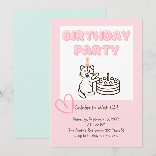 Amusante et mignonne Cat&Cake Invitation d'anniver (Devant / Derrière)