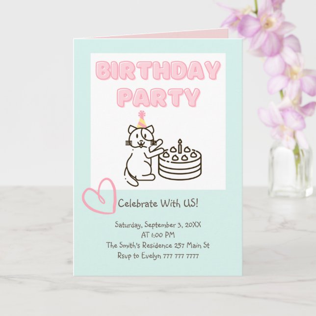 Amusante et mignonne Cat&Cake Invitation d'anniver (Orchidée)