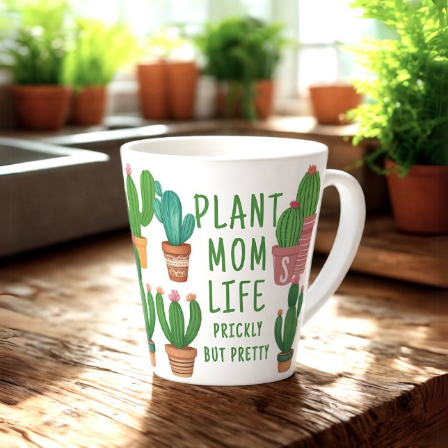 Amusante Maman Plante Vie Prickly Cactus Latte Mug (All about that Plant Mom Life? Add your initial to this cute cactus latte mug! Makes a great gift!)