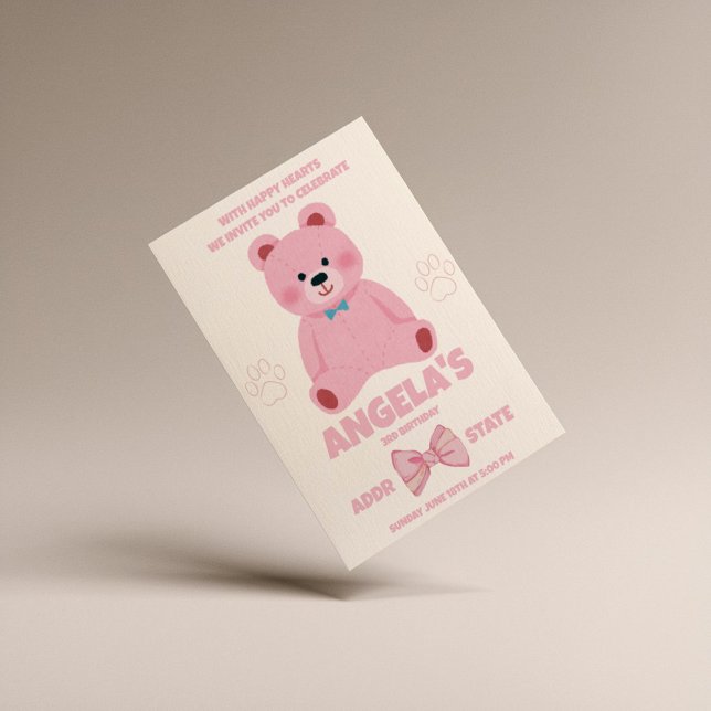Amusante Ours Rose Fille Invitation Anniversaire (Créateur téléchargé)