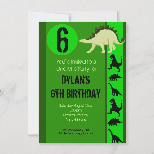 Amusants Dinosaure Vert Anniversaire Invitations (Devant)