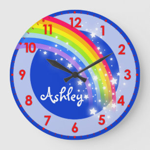 Amusants enfants Rainbow nom bleu mur horloge