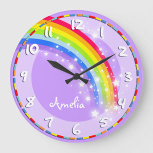 Amusants enfants rainbow nom mauve mural horloge