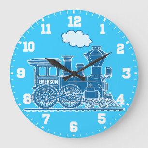 Amusants nom train bleu et blanc horloge murale