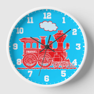 Amusants nom train rouge et bleu horloge murale