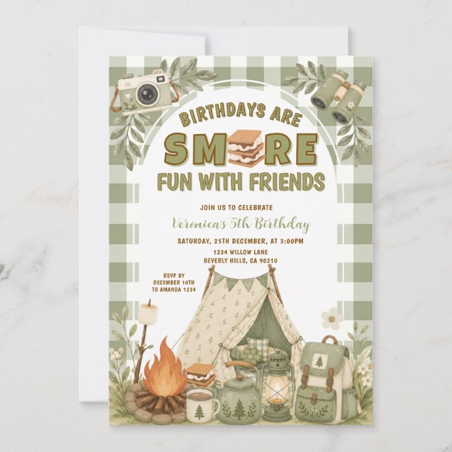 Amusement de S'more vert avec invitation d'anniver (Devant)