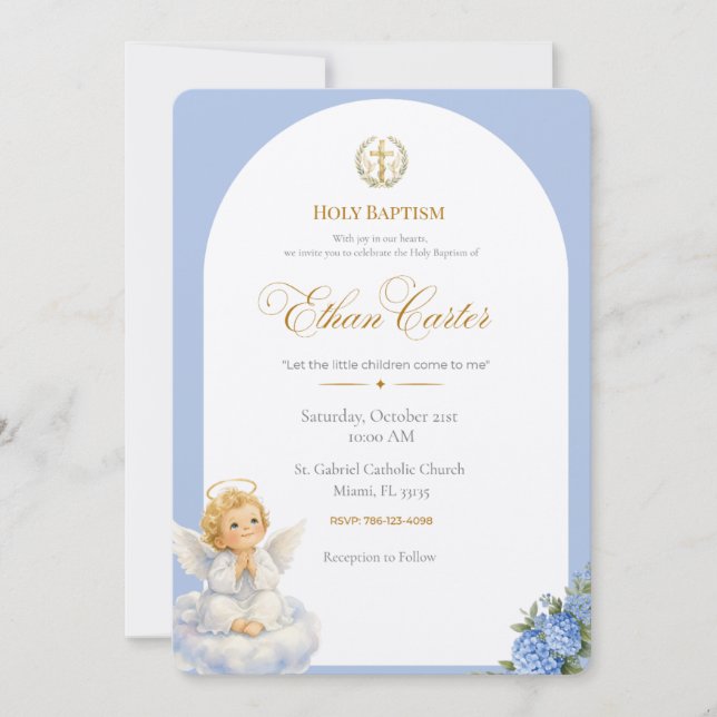 An Elegant Blue & Gold Baptism invitation  (Devant)