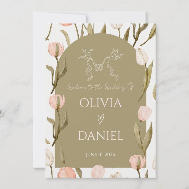 An elegant wedding invitation in olive green    (Devant)