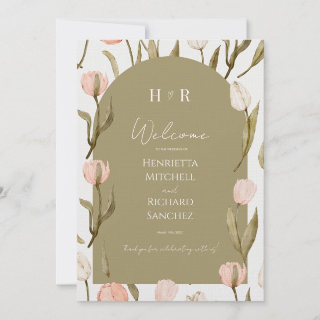 An elegant wedding invitation in olive green (Devant)