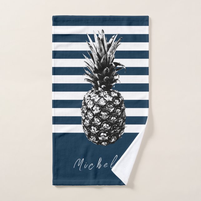 Ananas à rayures blanc et marine | Personnalisé (Serviette à main)