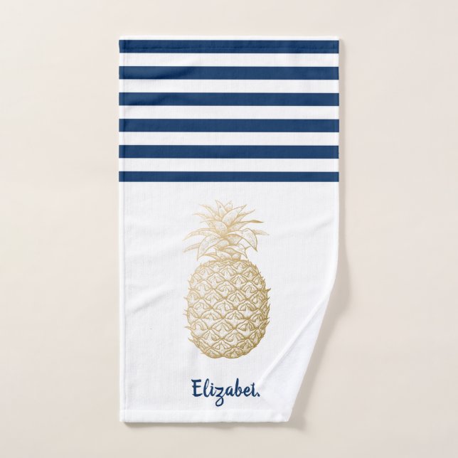 Ananas doré rayé bleu marine blanc  (Serviette à main)