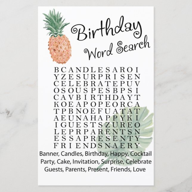 ananas jeu de recherche de mots pour l'anniversair (Devant)