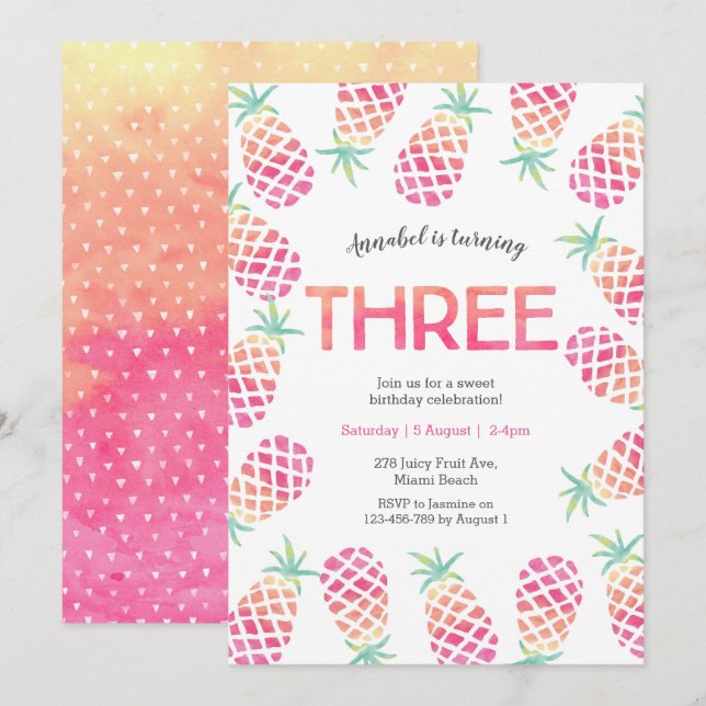 Ananas rose tropical 3e anniversaire Invitation (Devant / Derrière)