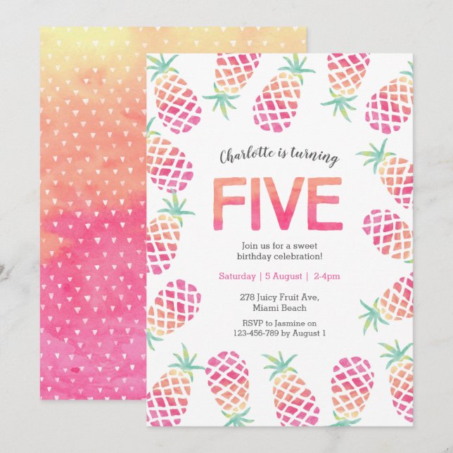 Ananas rose tropical 5e anniversaire Invitation (Devant / Derrière)