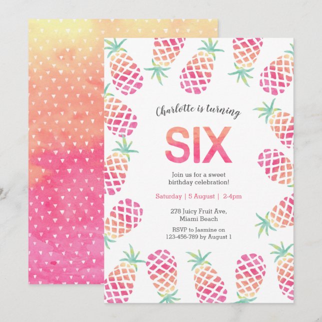 Ananas rose tropical 6e anniversaire Invitation (Devant / Derrière)