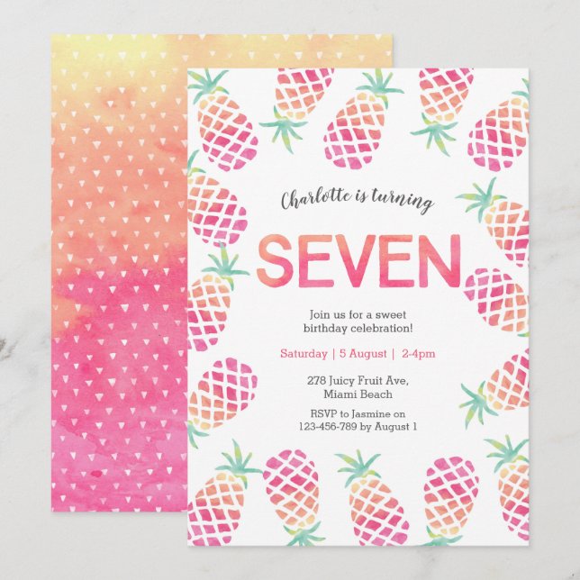 Ananas rose tropical 7e anniversaire Invitation (Devant / Derrière)
