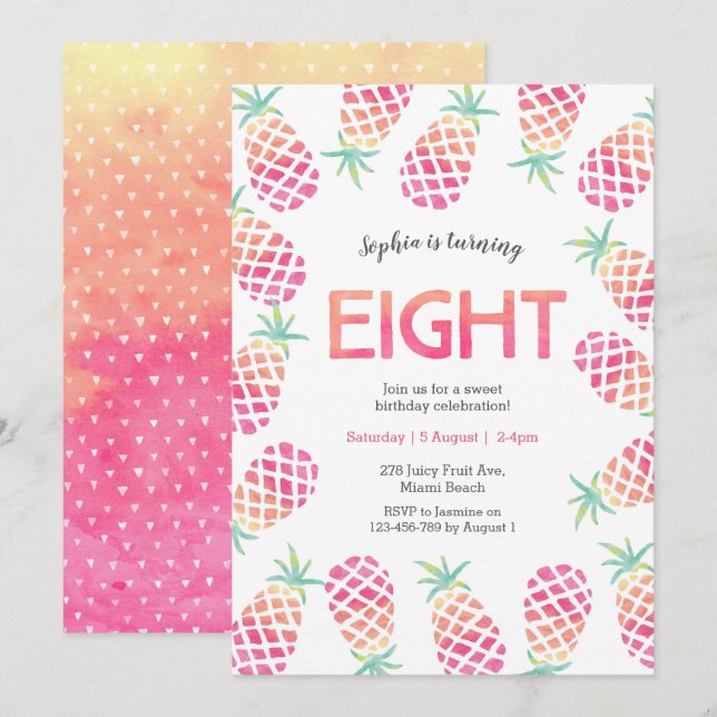 Ananas rose tropical 8e anniversaire Invitation (Devant / Derrière)