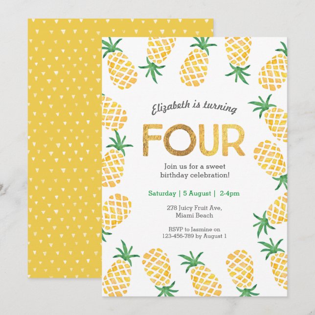 Ananas tropical 4e anniversaire Invitation (Devant / Derrière)