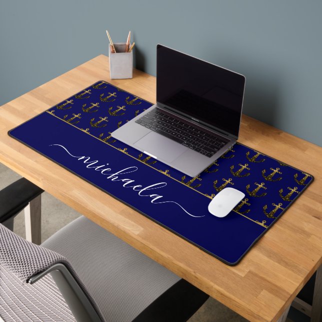 Anchor Or faux éclats bleu marine Monogram nom (Bureau 2)