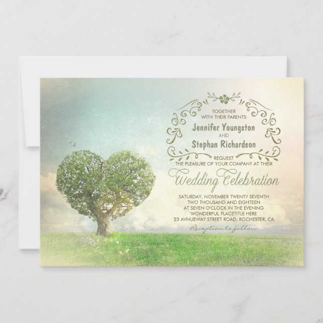 Ancien coeur d'arbre invitations de mariage rustiq (Devant)