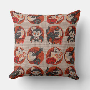 Ancien Coussin Halloween Faux Cross-Stitch