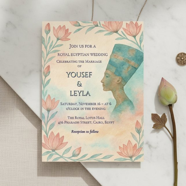 Ancien Invitation égyptien Majestic Nefertiti (Ancient Egyptian wedding invitation with Nefertiti & lotus.)