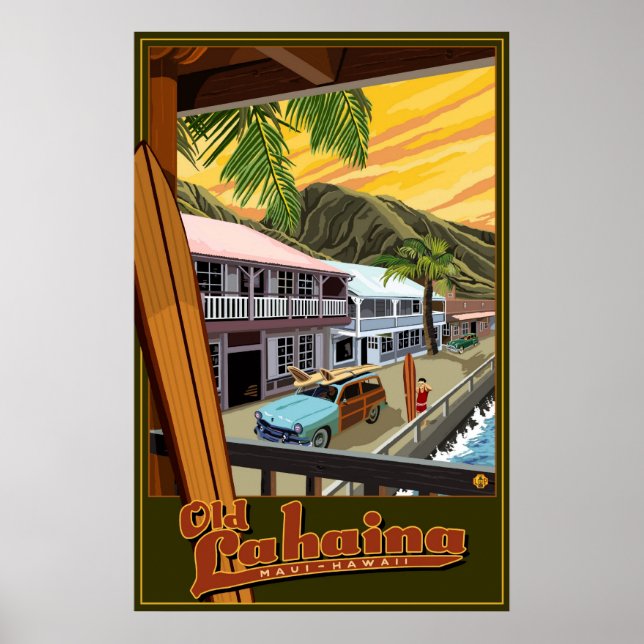 Ancien Lahaina, Hawaii Poster de voyage Surf (Devant)