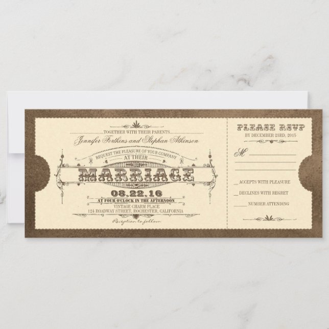 Ancien mariage vintage Invitation de billet (Devant)