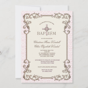 Ancien Monde Pink Baptism Twins Invitation