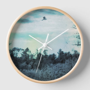Ancienne aquarelle avec horloge murale d'oiseaux