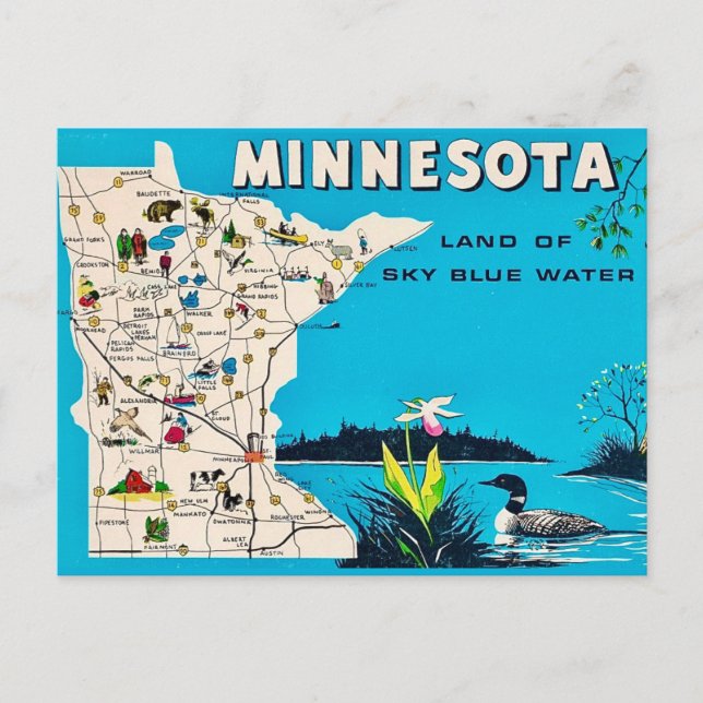 Ancienne carte postale de la carte du Minnesota (Devant)