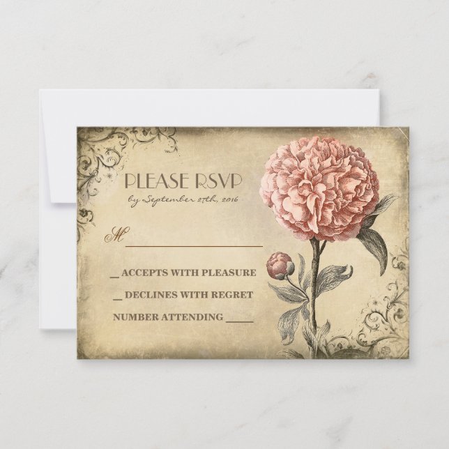ancienne carte RSVP mariage avec fleur de pivoine  (Devant)