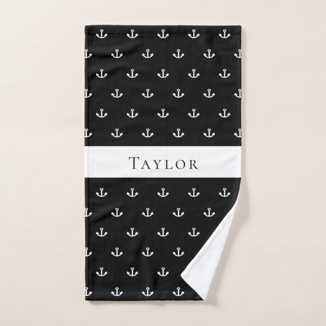 Ancrage nautique noir blanc monogramme hommes gars (Serviette à main)