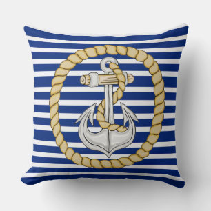 Ancre à rayures bleu marine 3 Coussin Carré
