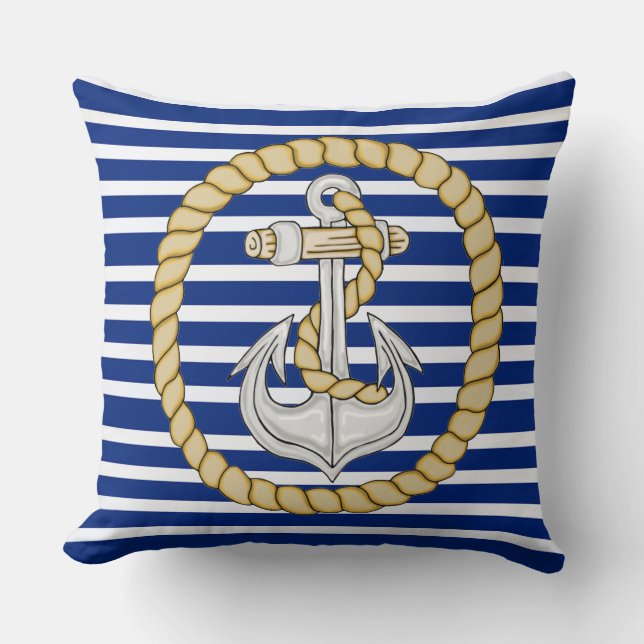 Ancre à rayures bleu marine 3 Coussin Carré (Recto)