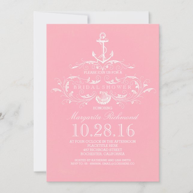 ancre blanche nuptiale rose nautique invitation (Devant)