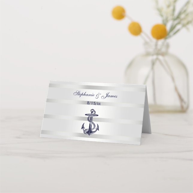 Ancre Blu Nautical Navy Silver Wht Escort Cartes (Devant)