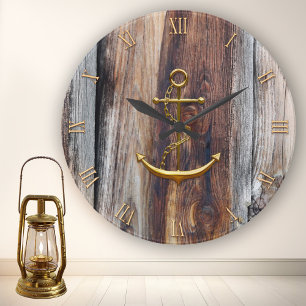 Ancre d'or en bois rustique Horloge murale marine