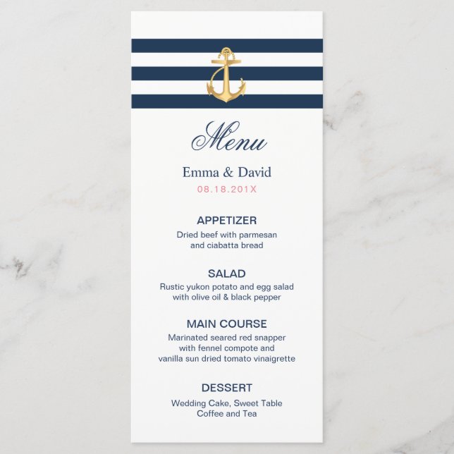 Ancre d'or Marine Stripes Menu Mariage nautique (Devant)