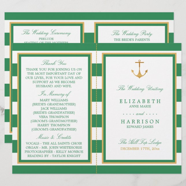 Ancre d'or nautique, programme de mariage vert mer (Devant / Derrière)