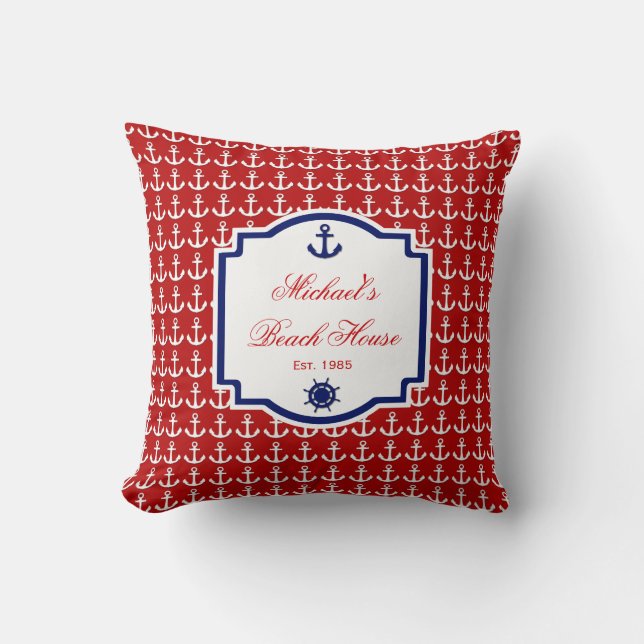 Ancre du navire Coussin nautique rouge et bleu (Recto)