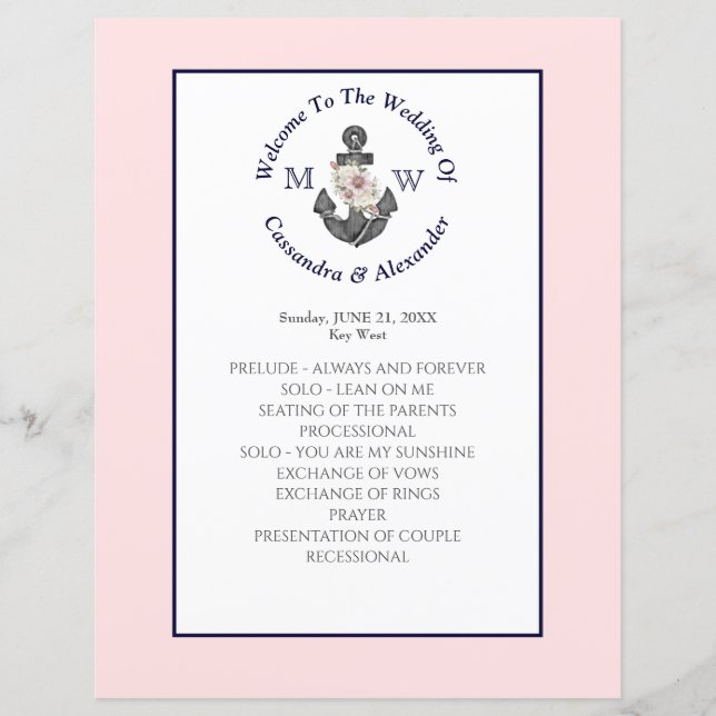 Ancre florale Mariage nautique Pink Navy programme (Devant)