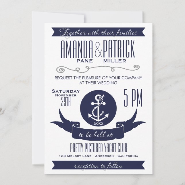 Ancre Marine Bleu Nautique Mariage Invitations (Devant)